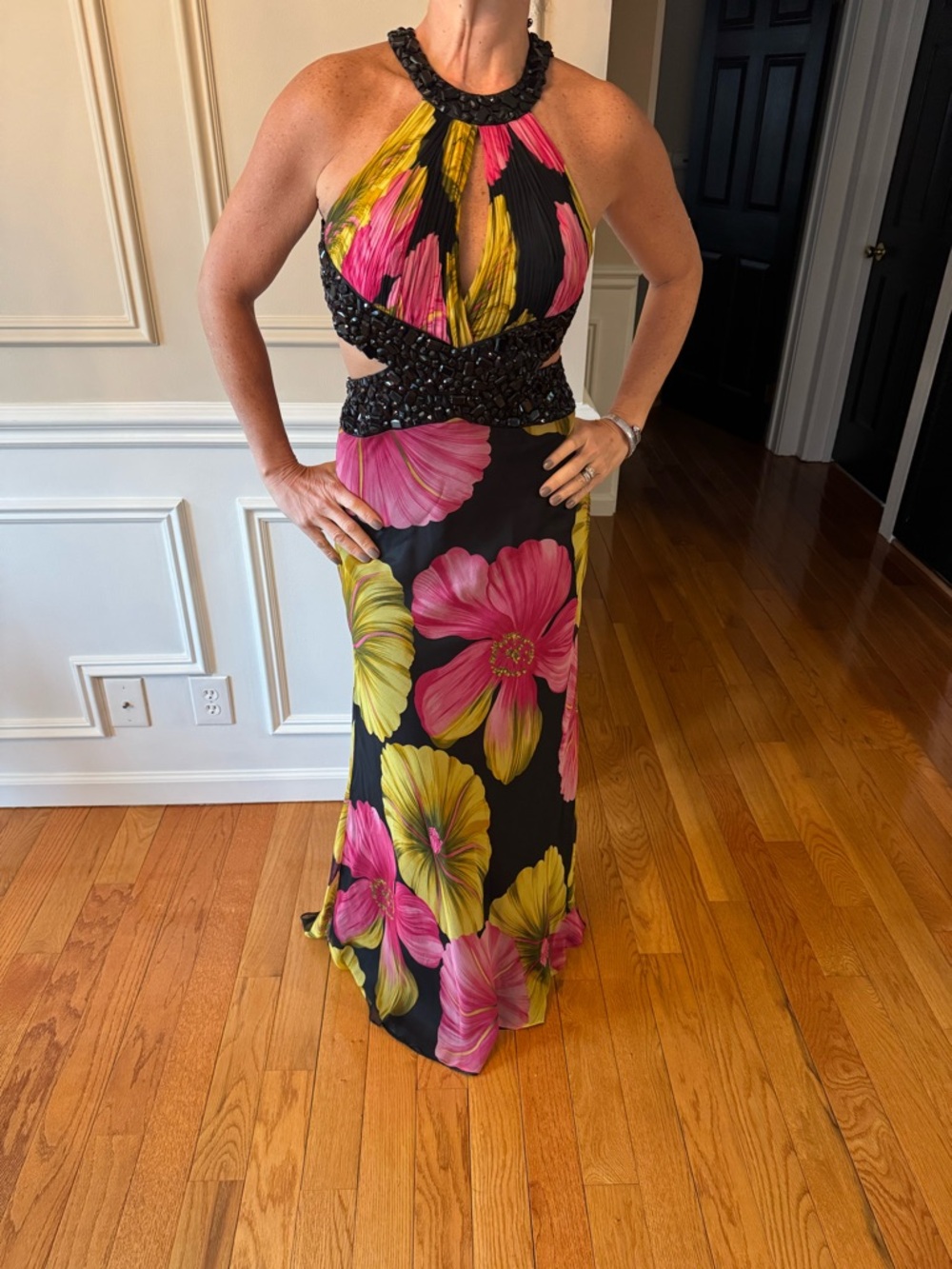 Beaded Backless Organza Halter Dress in Black with Pink & Yellow Flower Print